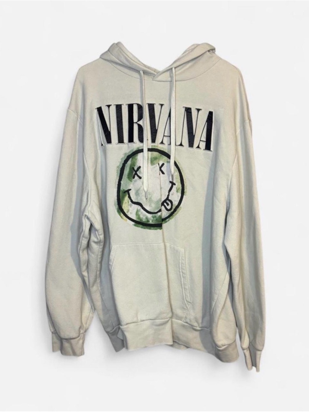 NIRVANA Cream Hoodie with Green Smiley Logo